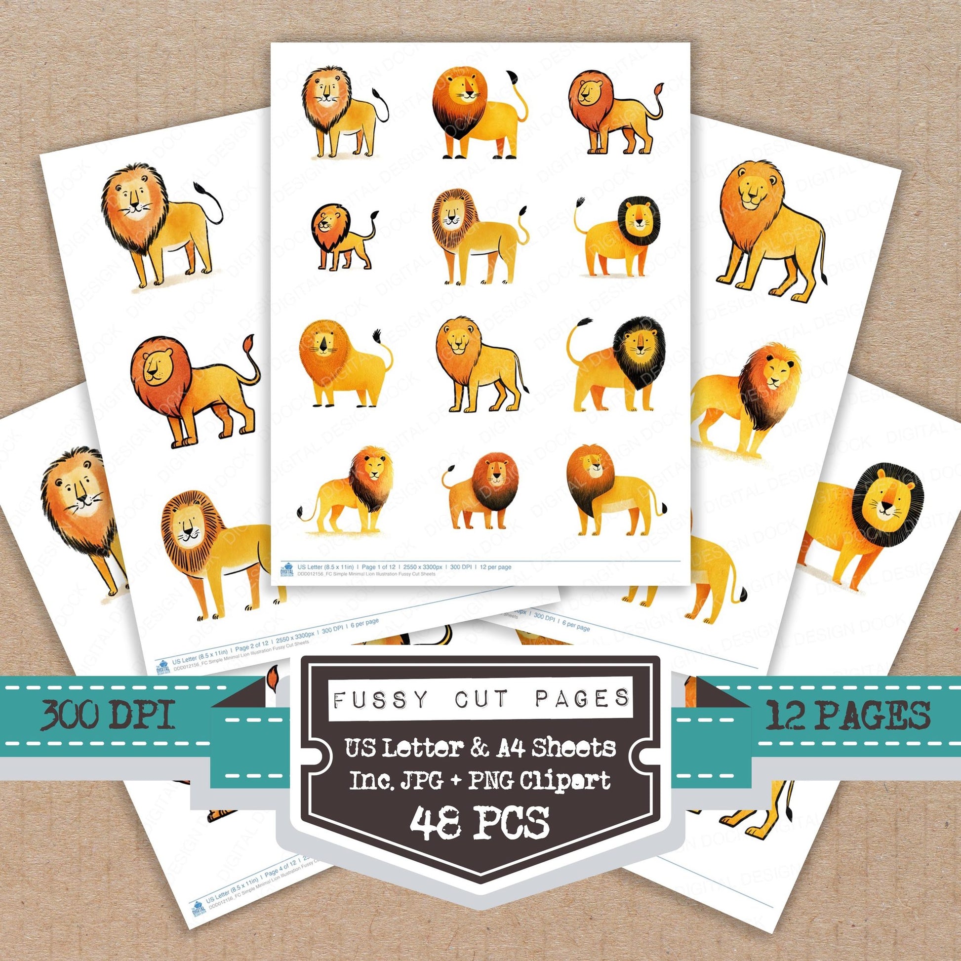 Simple Minimal Lion Illustration fussy cut printable sheets for junk journaling, scrapbooking, and paper craft projects