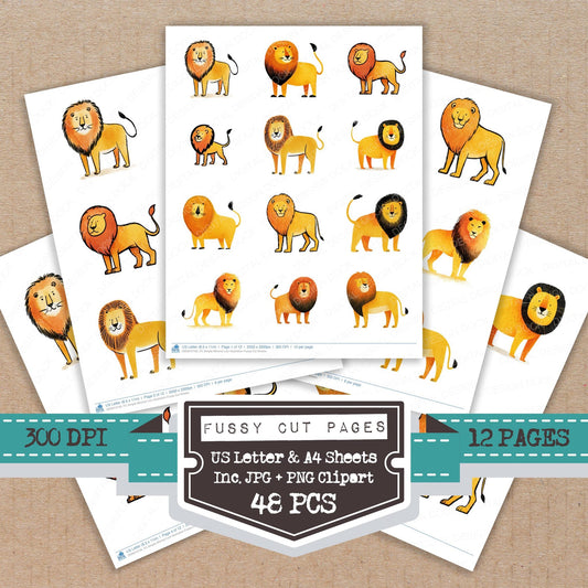 Simple Minimal Lion Illustration fussy cut printable sheets for junk journaling, scrapbooking, and paper craft projects