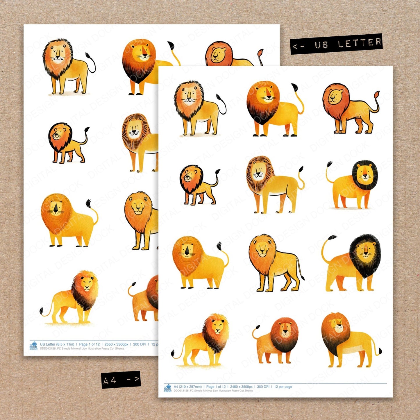 A4 and US Letter format comparison showing Simple Minimal Lion Illustration fussy cut pages for print and cut crafting