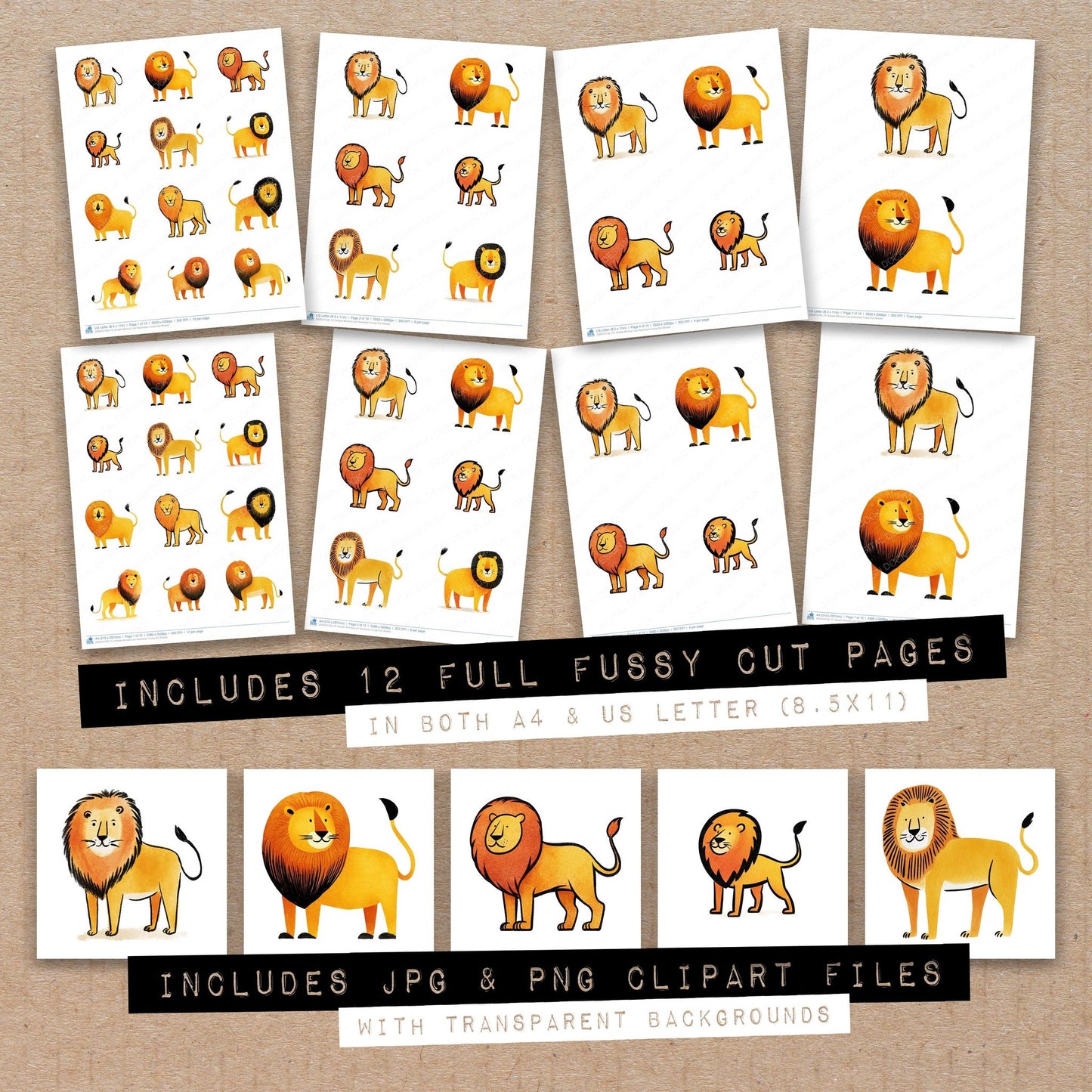 Full collection view of Simple Minimal Lion Illustration fussy cut sheets with bonus clipart JPG and PNG files