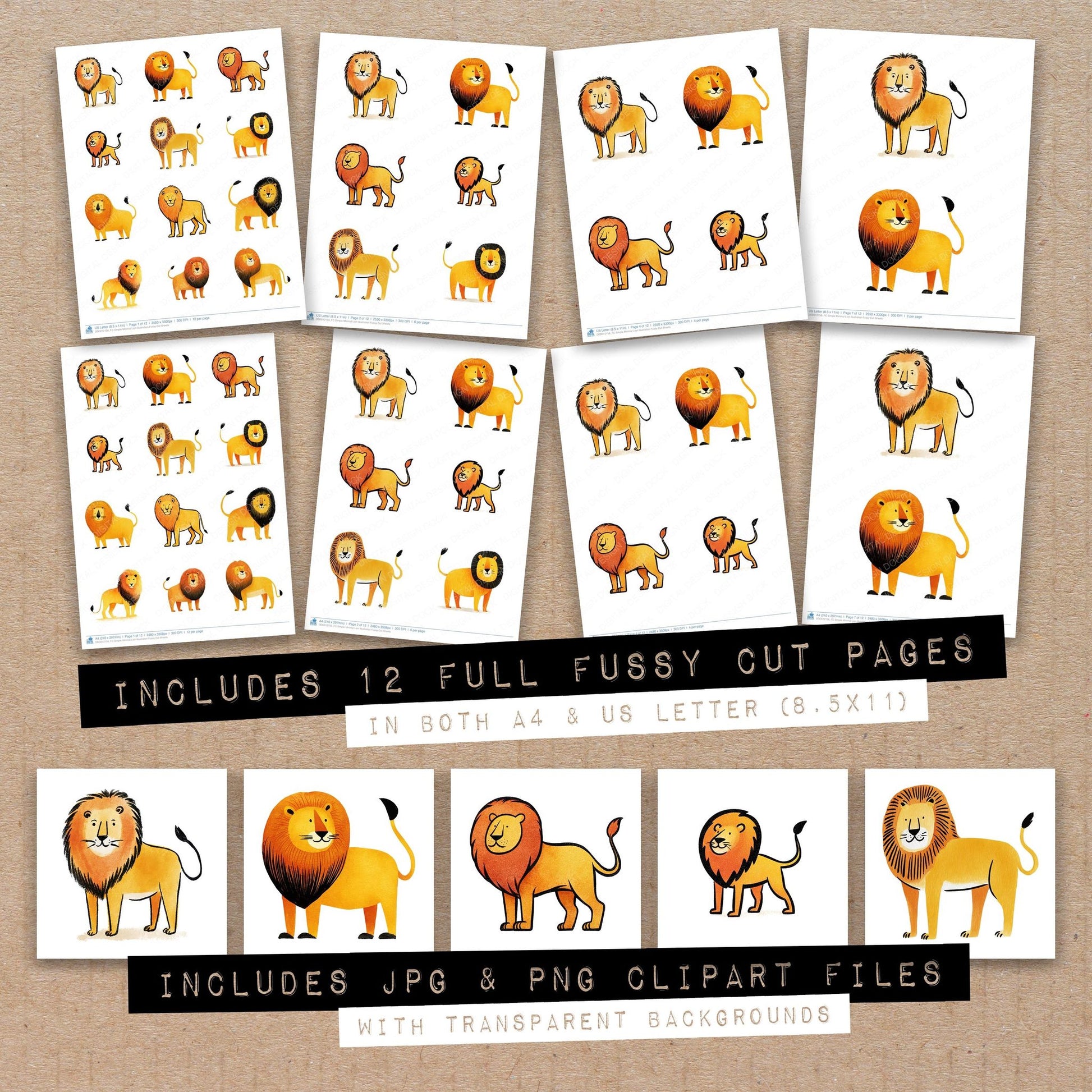 Full collection view of Simple Minimal Lion Illustration fussy cut sheets with bonus clipart JPG and PNG files