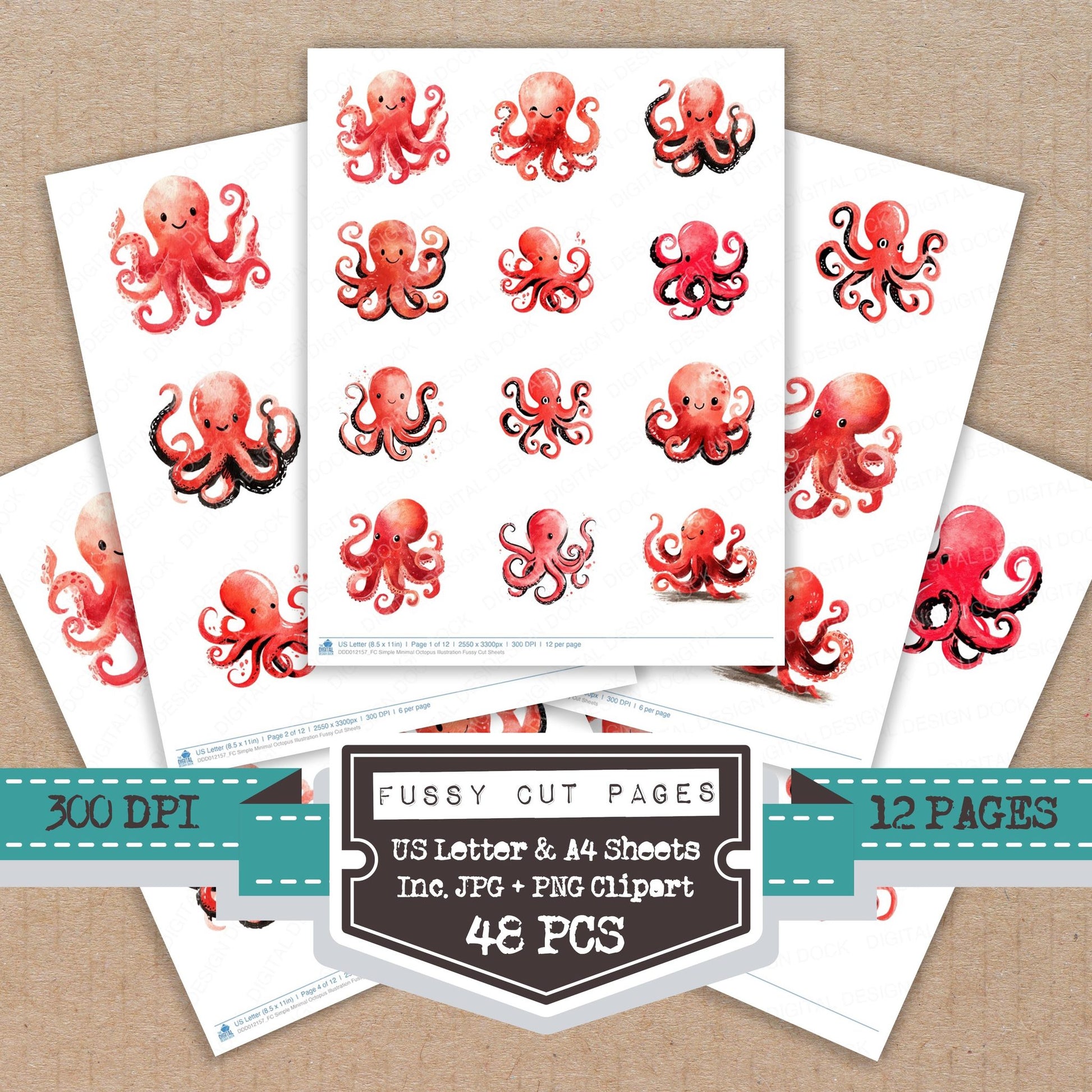 Simple Minimal Octopus Illustration fussy cut printable sheets for junk journaling, scrapbooking, and paper craft projects