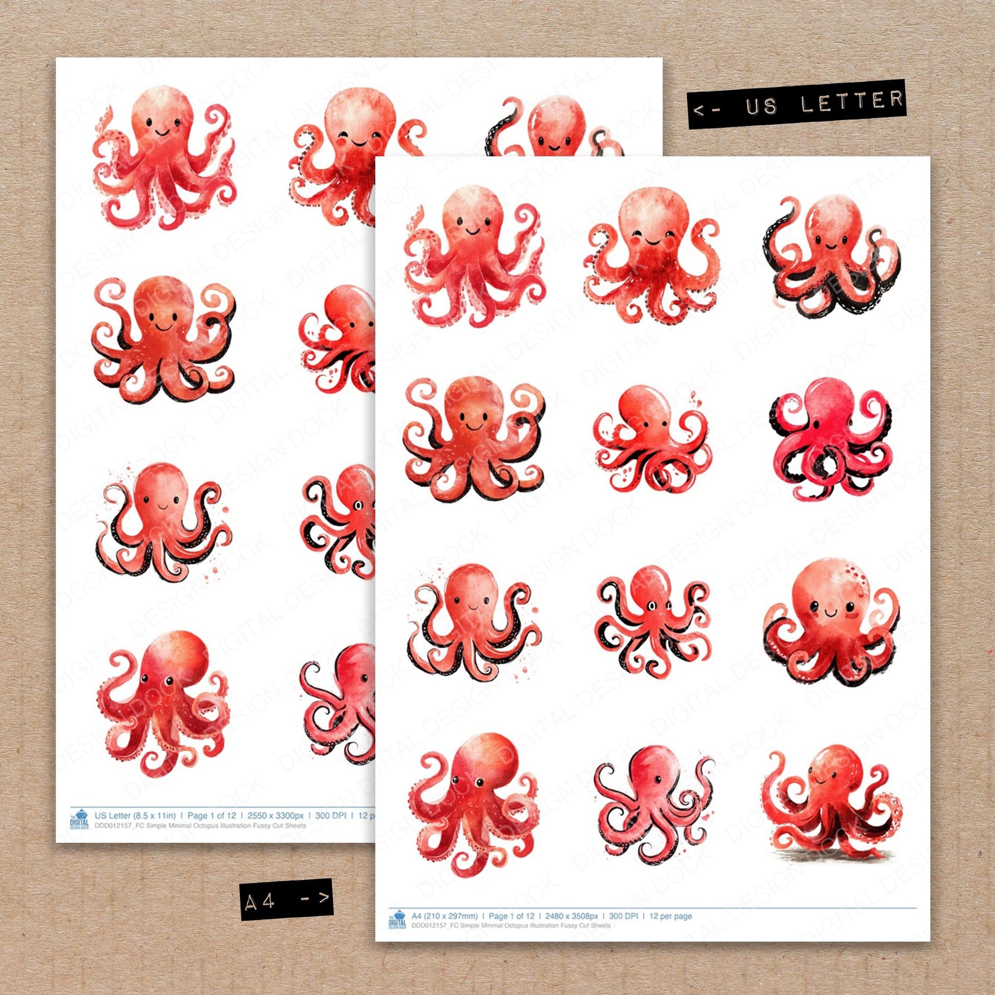 A4 and US Letter format comparison showing Simple Minimal Octopus Illustration fussy cut pages for print and cut crafting