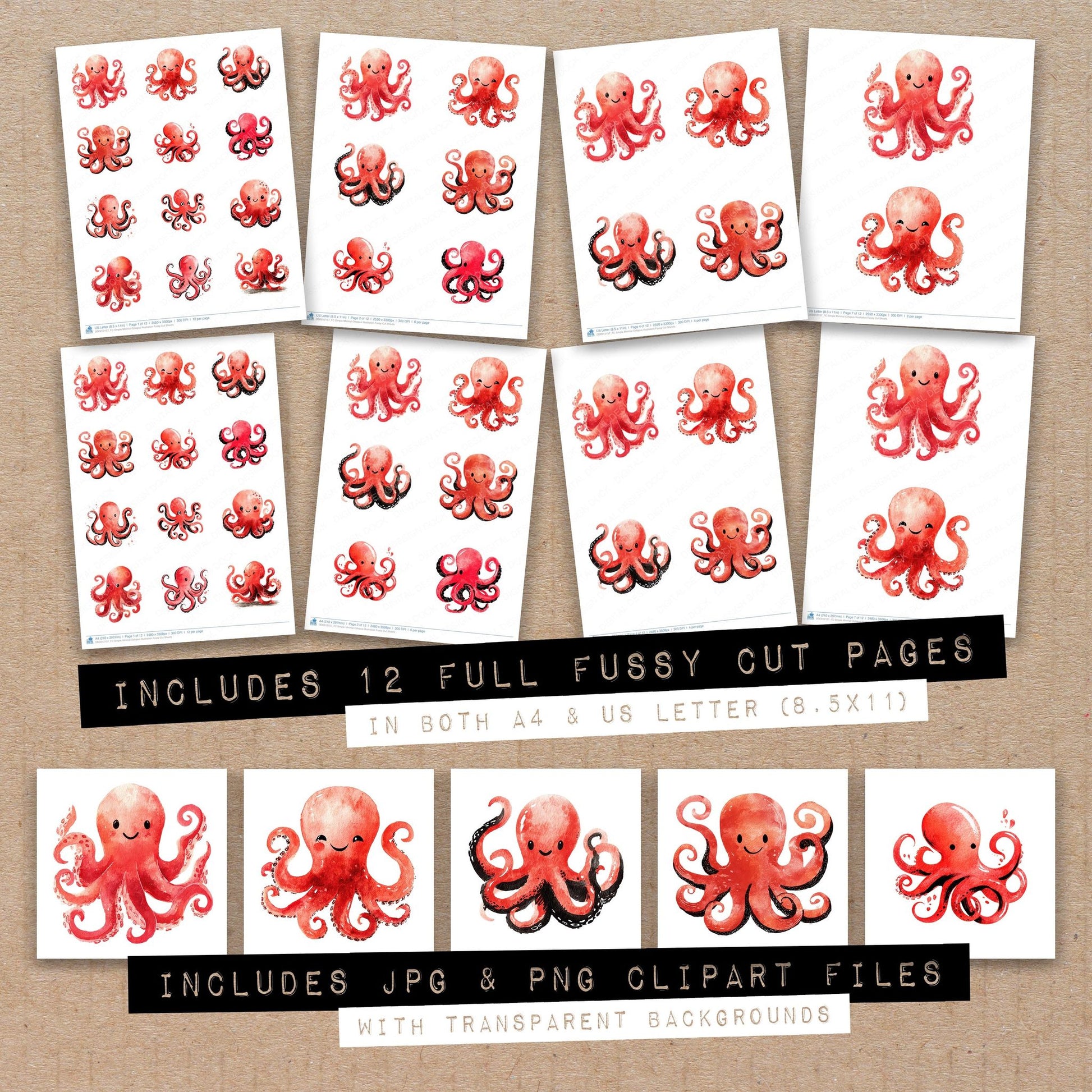 Full collection view of Simple Minimal Octopus Illustration fussy cut sheets with bonus clipart JPG and PNG files