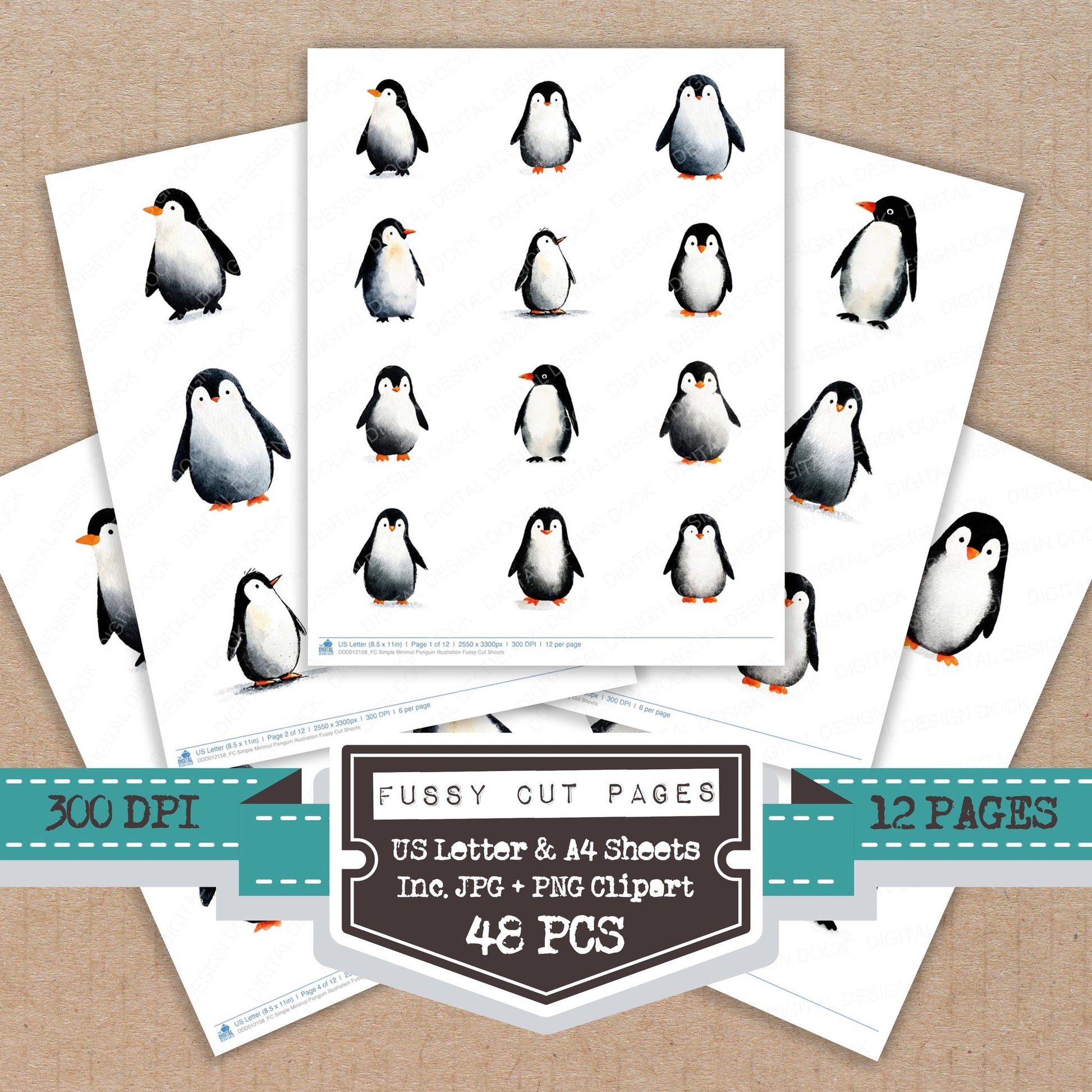 Simple Minimal Penguin Illustration fussy cut printable sheets for junk journaling, scrapbooking, and paper craft projects