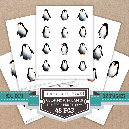 Simple Minimal Penguin Illustration fussy cut printable sheets for junk journaling, scrapbooking, and paper craft projects