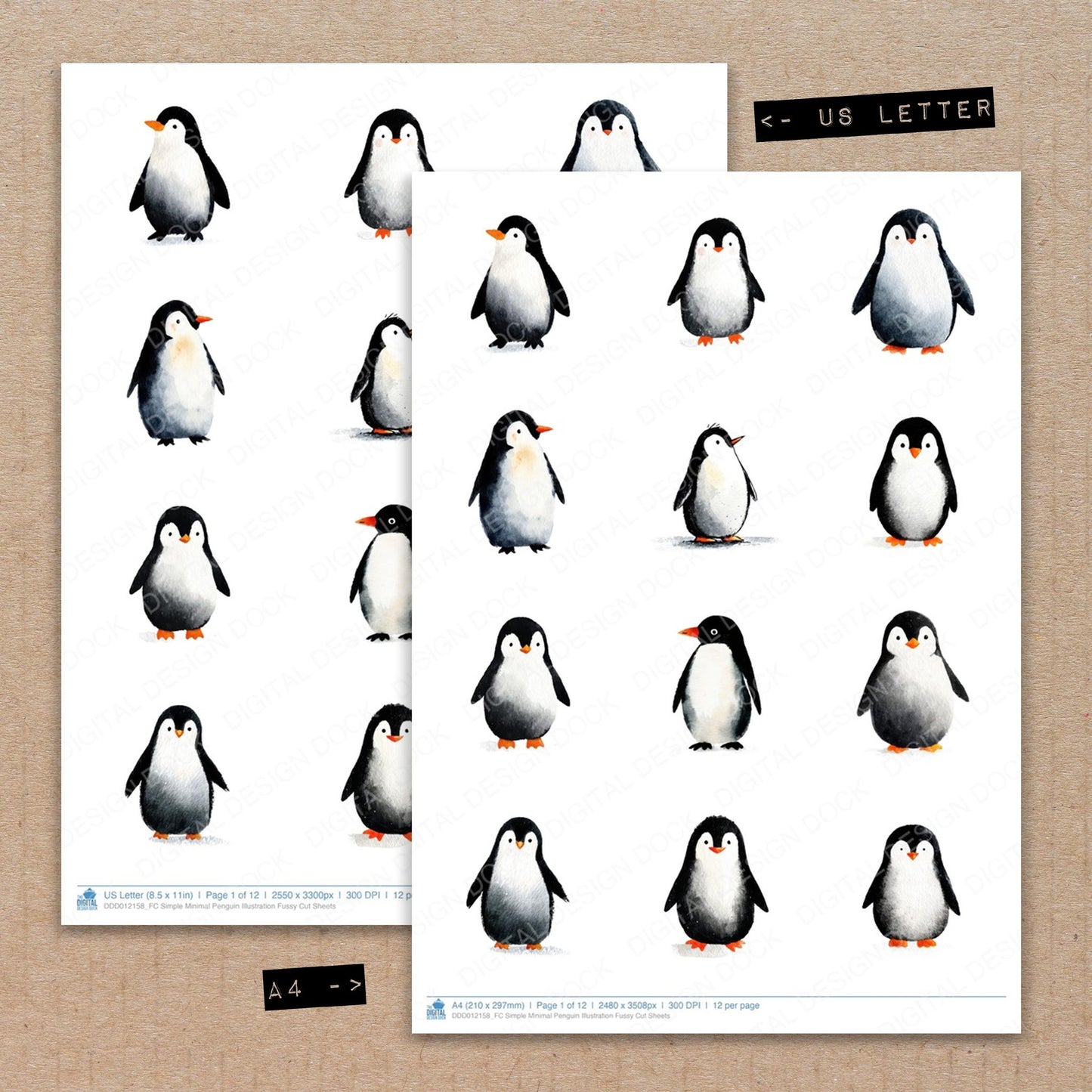 A4 and US Letter format comparison showing Simple Minimal Penguin Illustration fussy cut pages for print and cut crafting