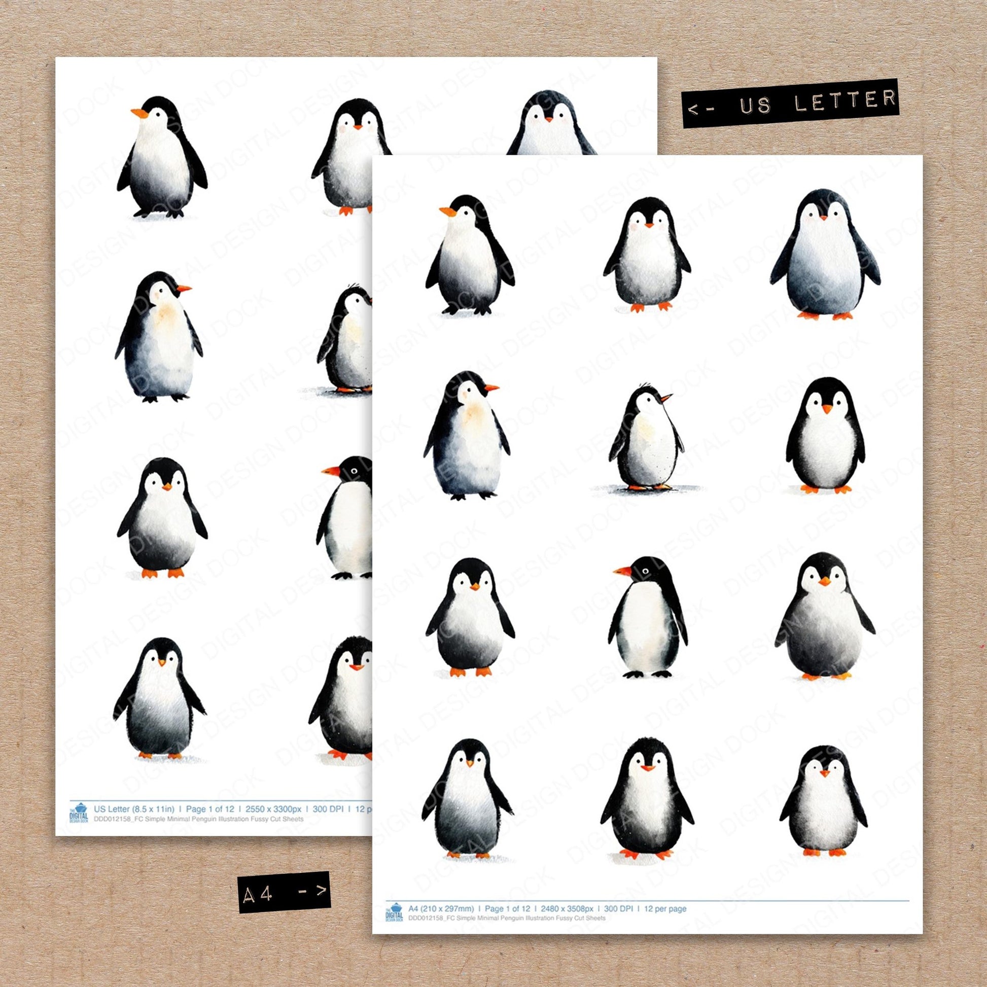 A4 and US Letter format comparison showing Simple Minimal Penguin Illustration fussy cut pages for print and cut crafting
