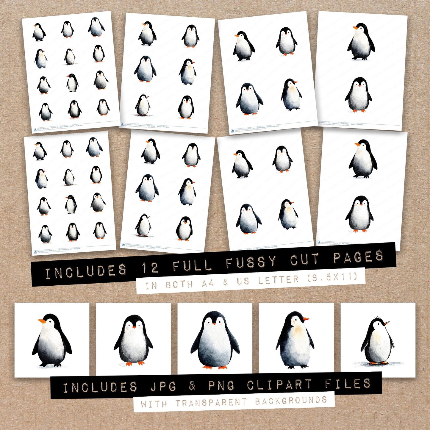 Full collection view of Simple Minimal Penguin Illustration fussy cut sheets with bonus clipart JPG and PNG files