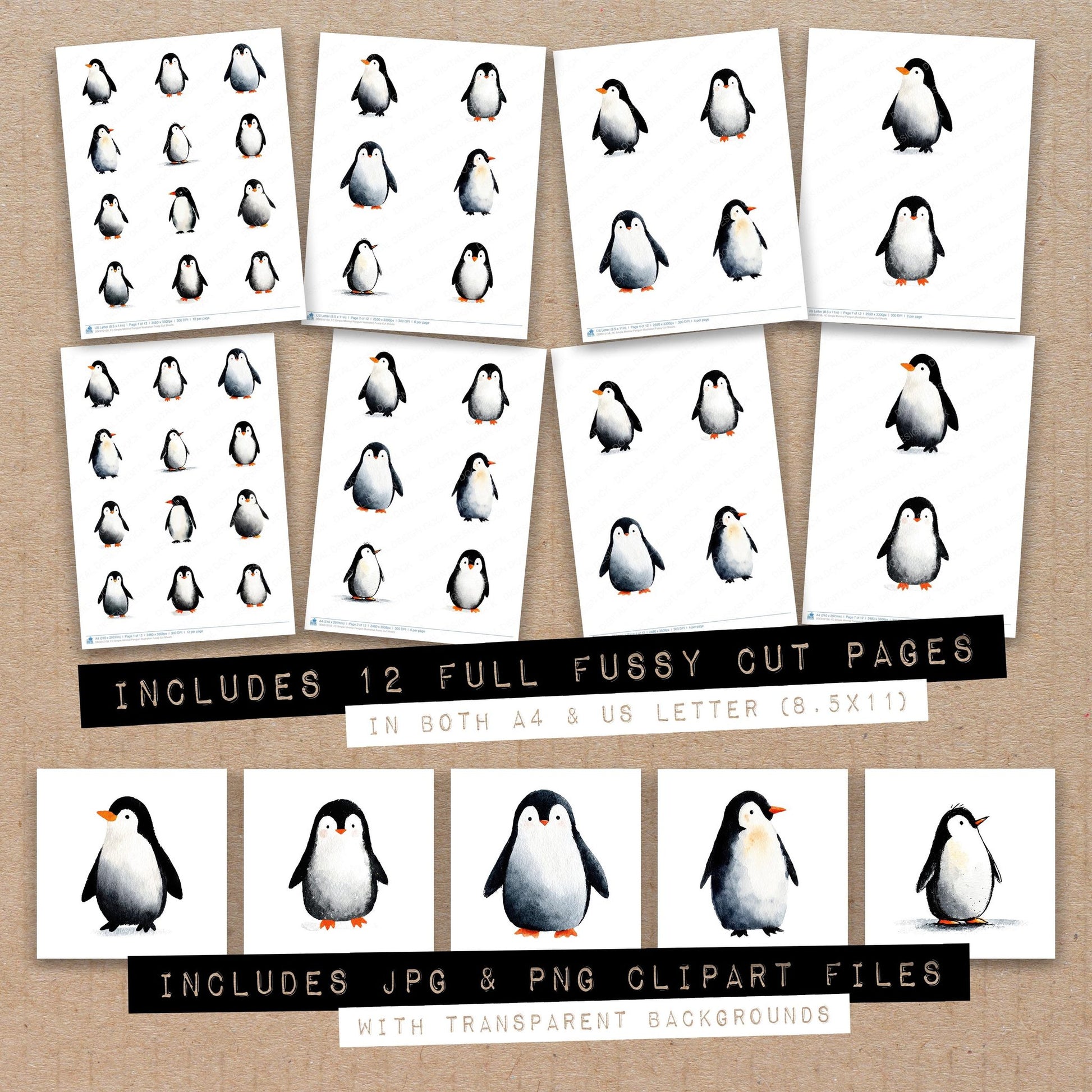 Full collection view of Simple Minimal Penguin Illustration fussy cut sheets with bonus clipart JPG and PNG files