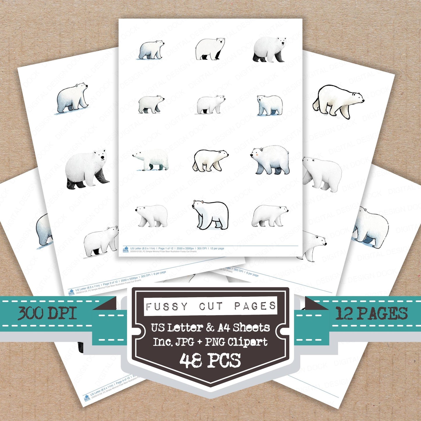Simple Minimal Polar Bear Illustration fussy cut printable sheets for junk journaling, scrapbooking, and paper craft projects