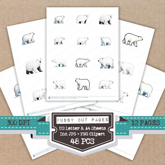 Simple Minimal Polar Bear Illustration fussy cut printable sheets for junk journaling, scrapbooking, and paper craft projects