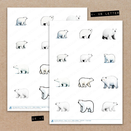 A4 and US Letter format comparison showing Simple Minimal Polar Bear Illustration fussy cut pages for print and cut crafting