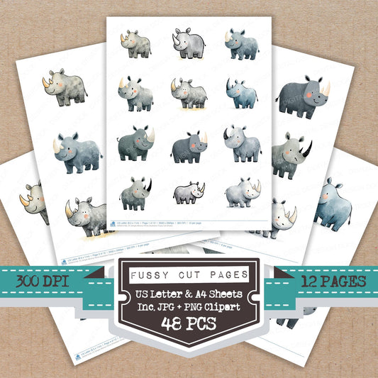 Simple Minimal Rhino Illustration fussy cut printable sheets for junk journaling, scrapbooking, and paper craft projects