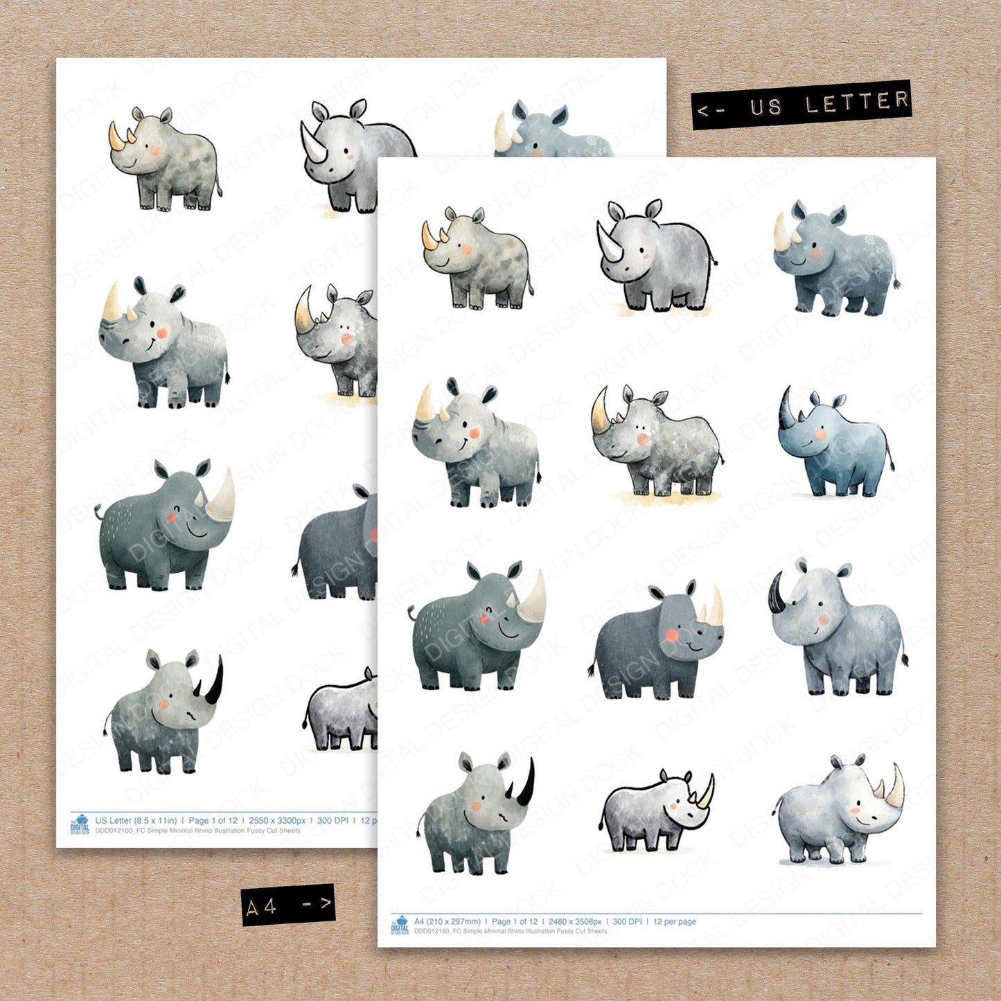 A4 and US Letter format comparison showing Simple Minimal Rhino Illustration fussy cut pages for print and cut crafting