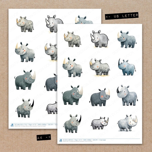 A4 and US Letter format comparison showing Simple Minimal Rhino Illustration fussy cut pages for print and cut crafting