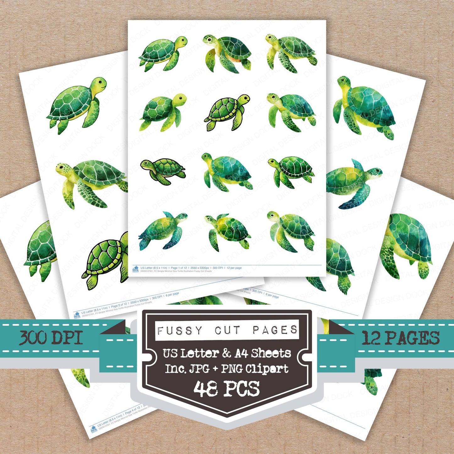 Simple Minimal Sea Turtle Illustration fussy cut printable sheets for junk journaling, scrapbooking, and paper craft projects