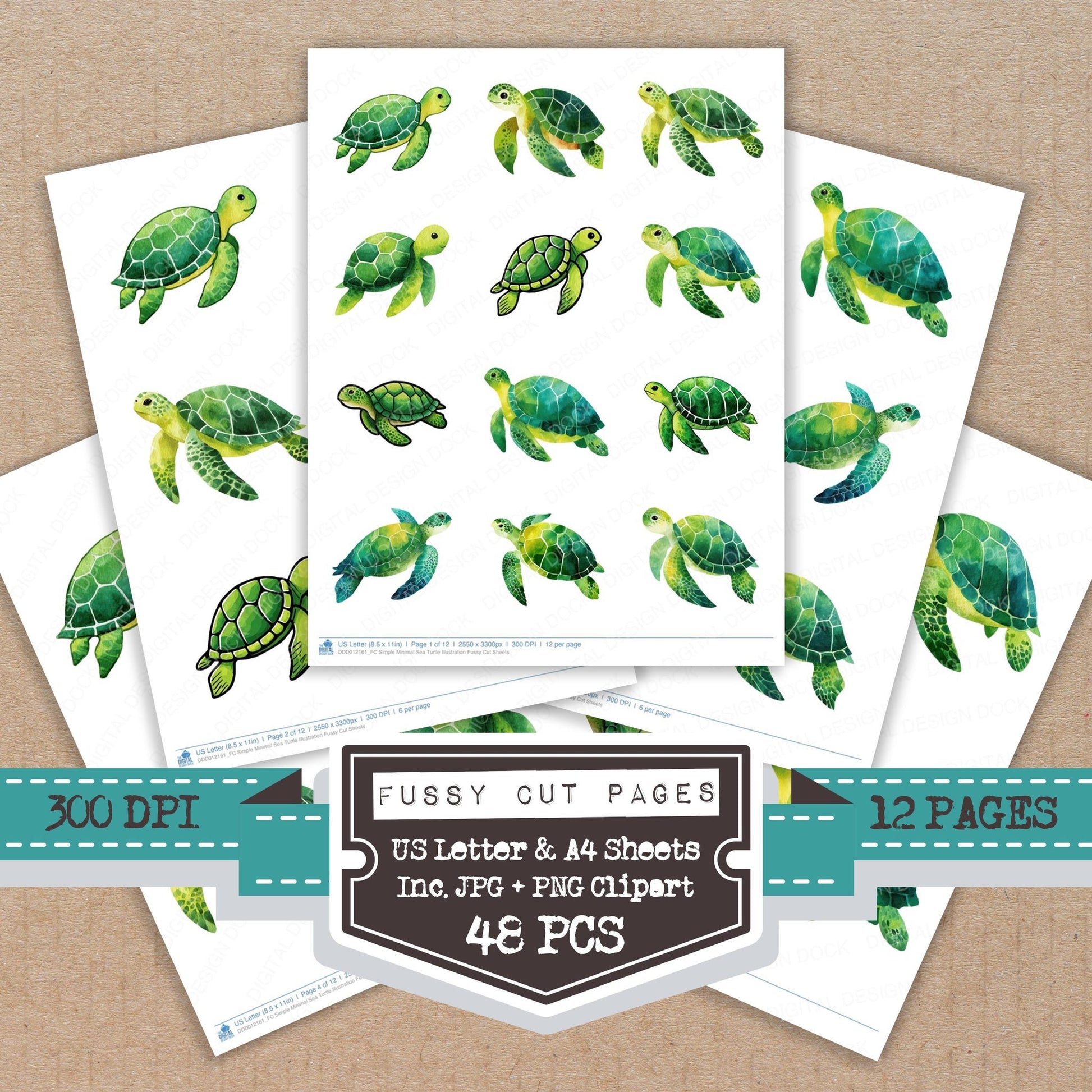 Simple Minimal Sea Turtle Illustration fussy cut printable sheets for junk journaling, scrapbooking, and paper craft projects