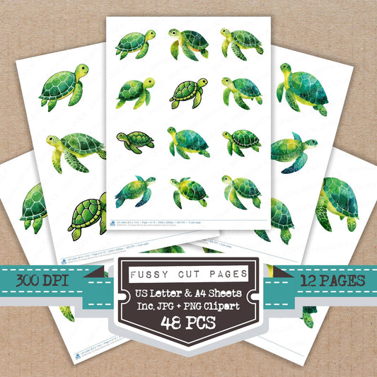 Simple Minimal Sea Turtle Illustration fussy cut printable sheets for junk journaling, scrapbooking, and paper craft projects
