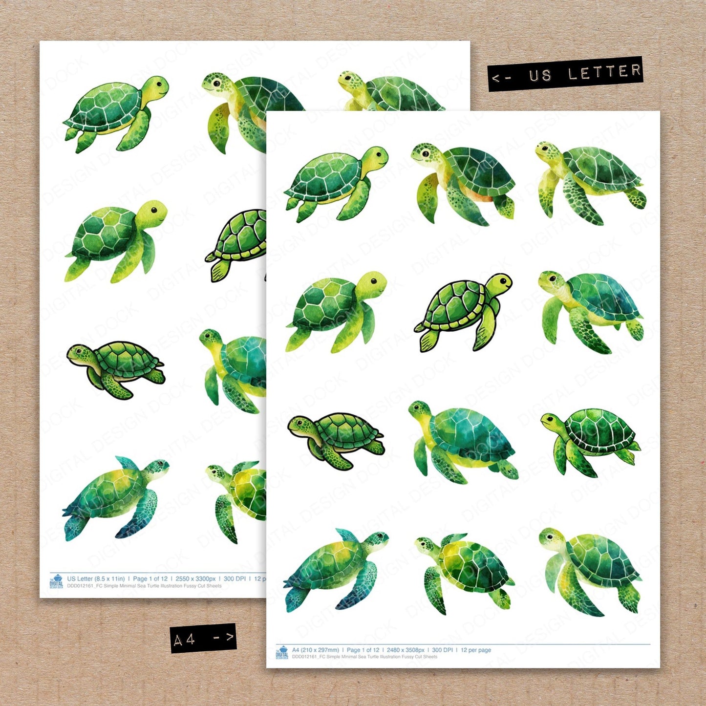 A4 and US Letter format comparison showing Simple Minimal Sea Turtle Illustration fussy cut pages for print and cut crafting