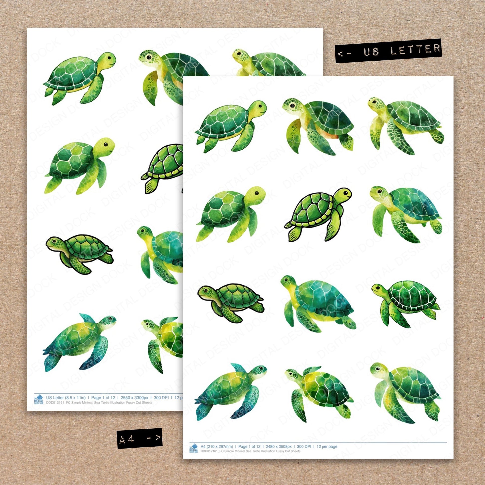 A4 and US Letter format comparison showing Simple Minimal Sea Turtle Illustration fussy cut pages for print and cut crafting