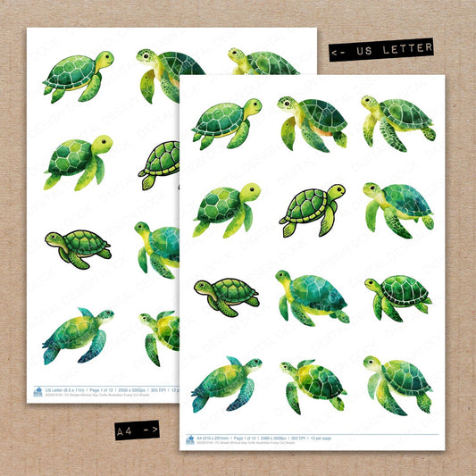 A4 and US Letter format comparison showing Simple Minimal Sea Turtle Illustration fussy cut pages for print and cut crafting