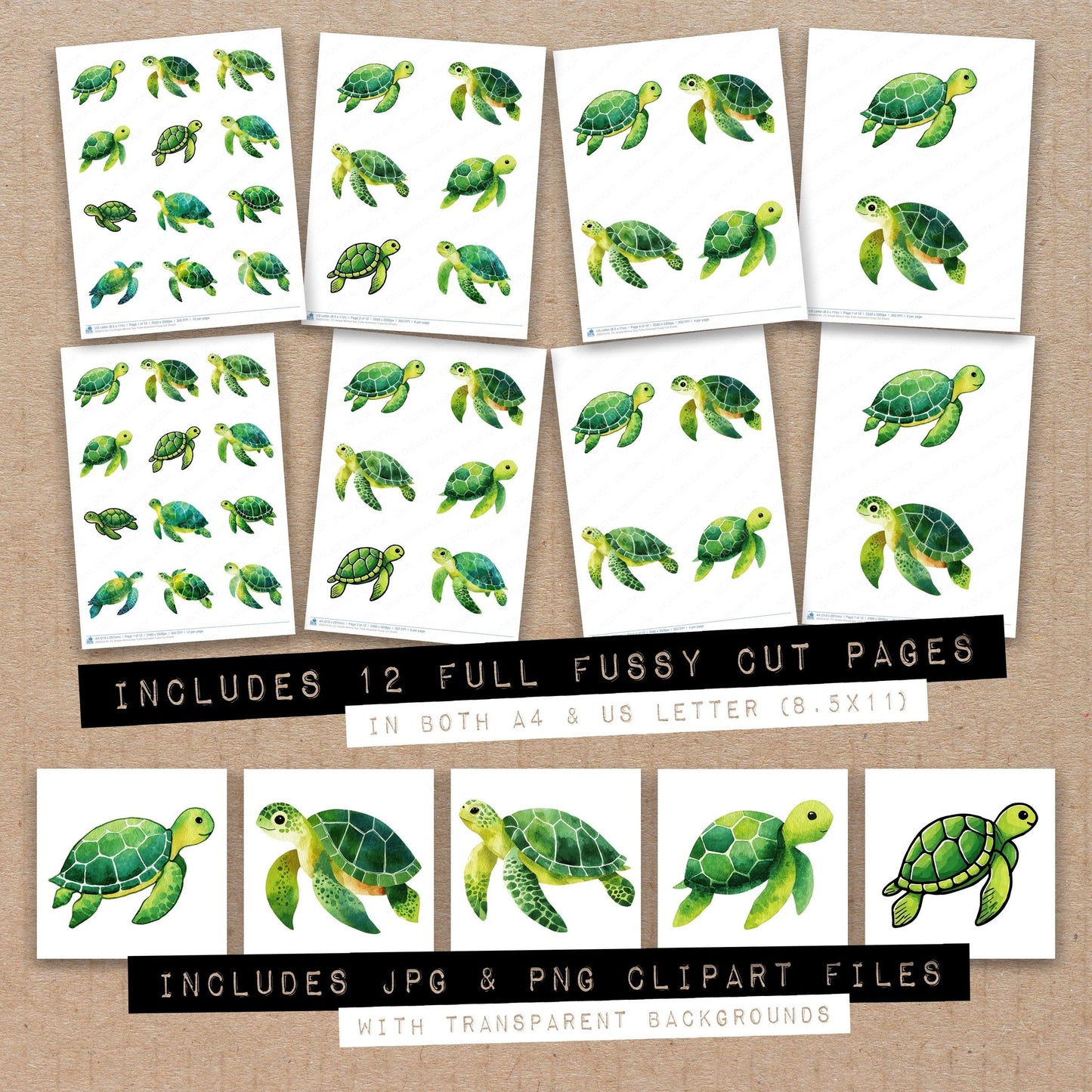 Full collection view of Simple Minimal Sea Turtle Illustration fussy cut sheets with bonus clipart JPG and PNG files