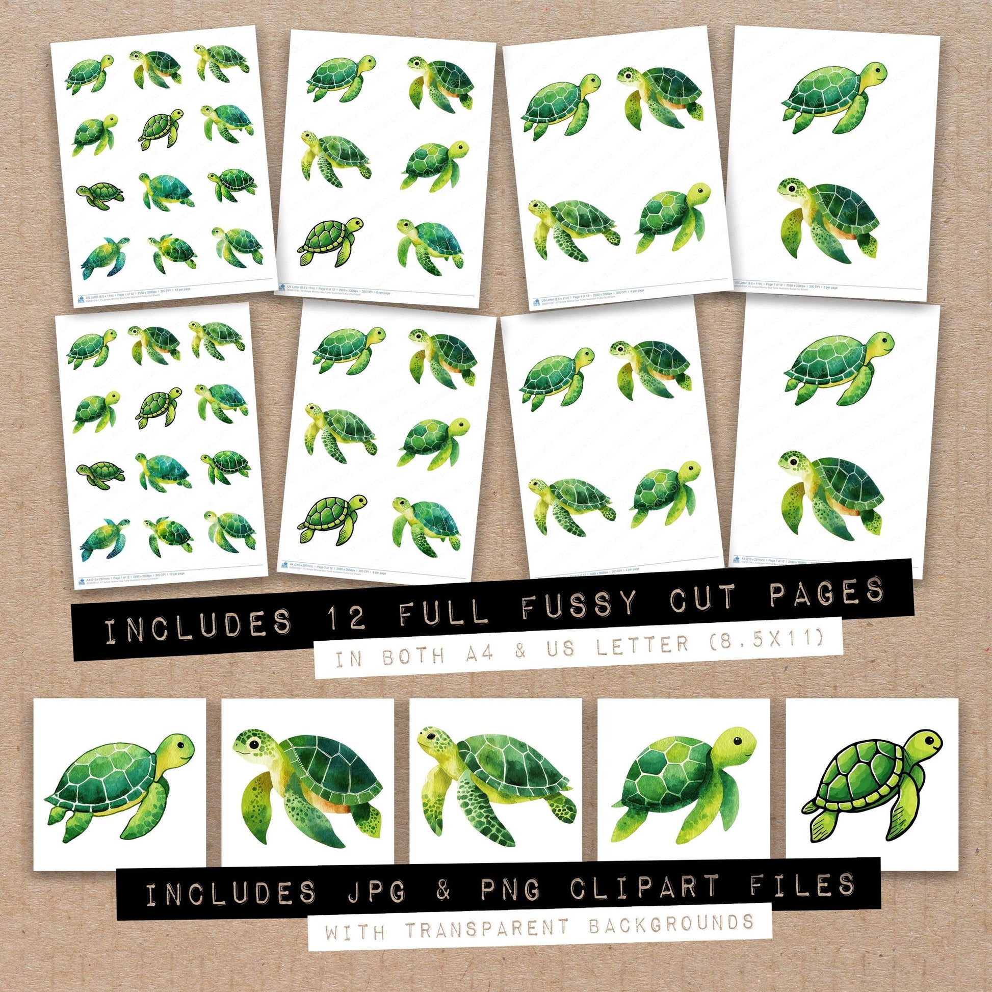 Full collection view of Simple Minimal Sea Turtle Illustration fussy cut sheets with bonus clipart JPG and PNG files