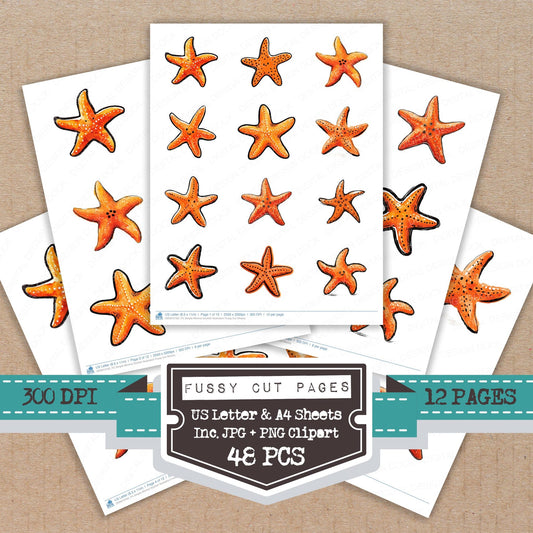 Simple Minimal Starfish Illustration fussy cut printable sheets for junk journaling, scrapbooking, and paper craft projects