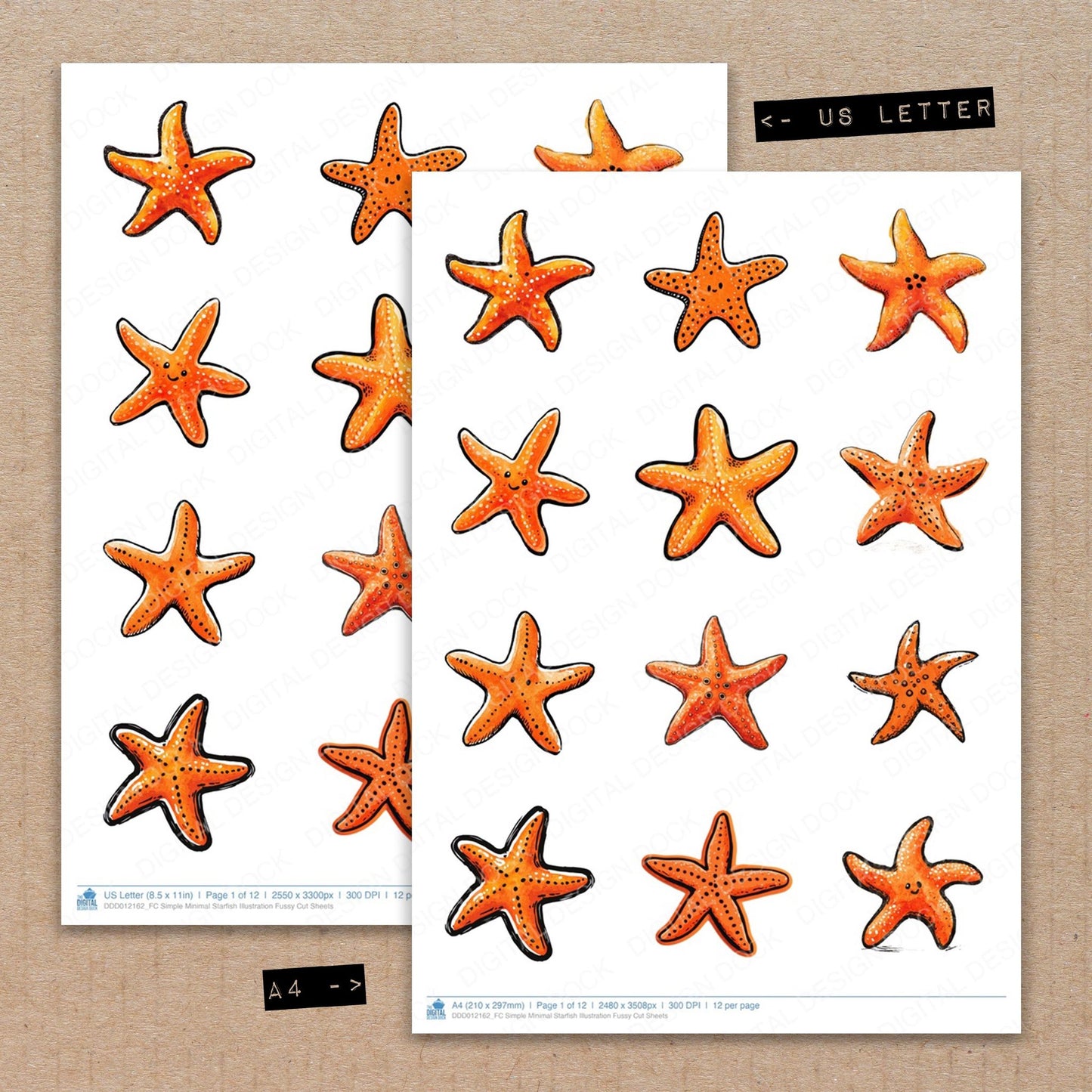 A4 and US Letter format comparison showing Simple Minimal Starfish Illustration fussy cut pages for print and cut crafting