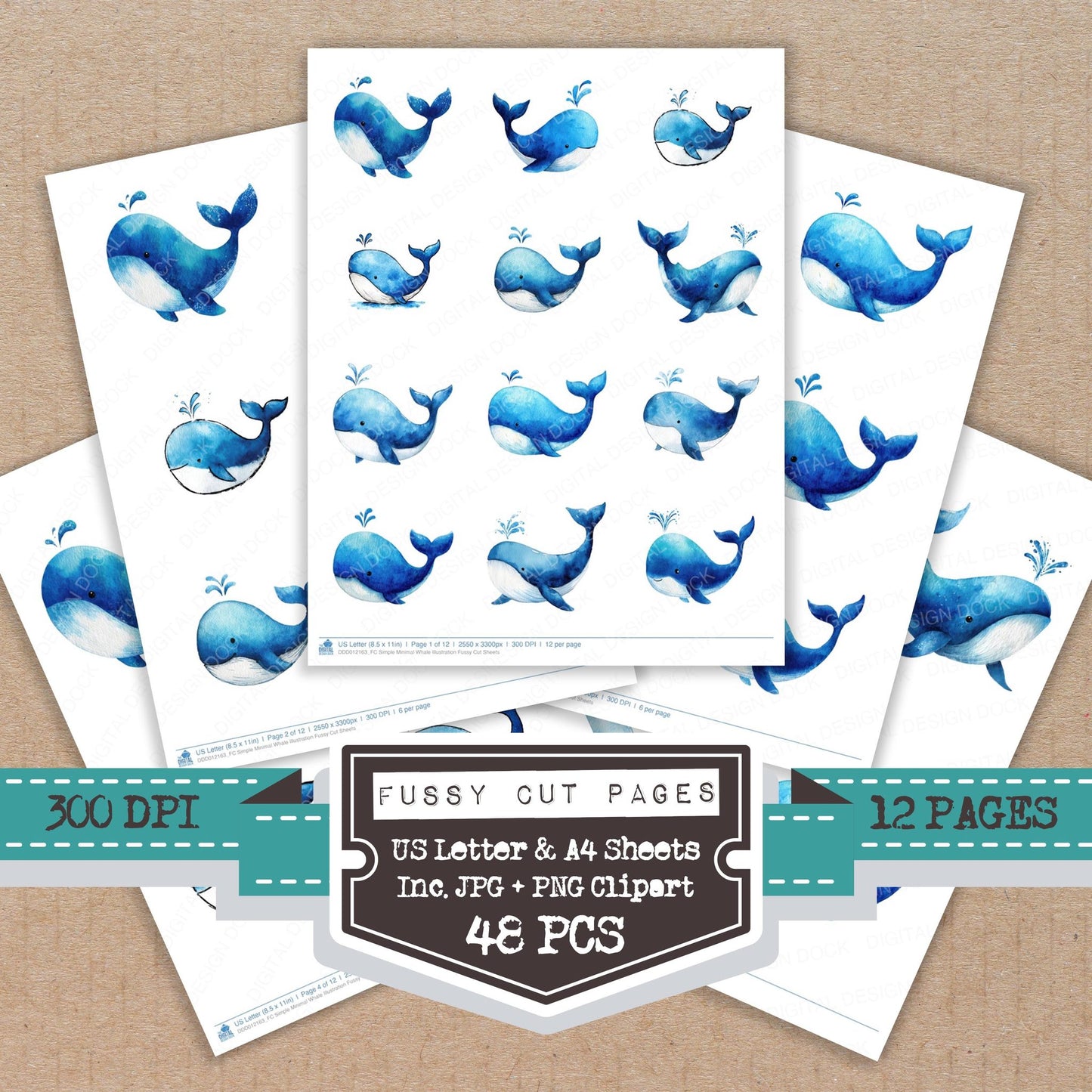 Simple Minimal Whale Illustration fussy cut printable sheets for junk journaling, scrapbooking, and paper craft projects