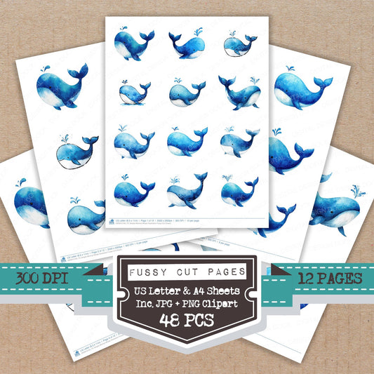 Simple Minimal Whale Illustration fussy cut printable sheets for junk journaling, scrapbooking, and paper craft projects
