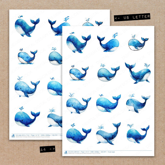 A4 and US Letter format comparison showing Simple Minimal Whale Illustration fussy cut pages for print and cut crafting