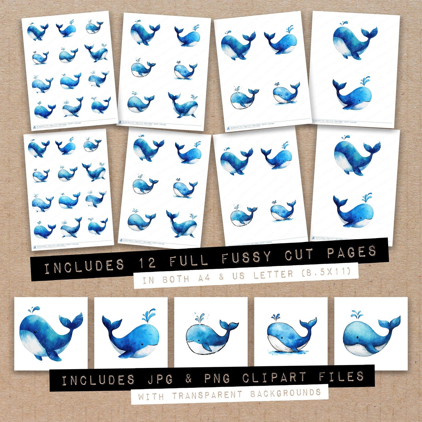 Full collection view of Simple Minimal Whale Illustration fussy cut sheets with bonus clipart JPG and PNG files