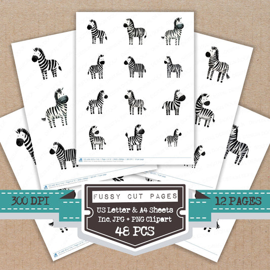 Simple Minimal Zebra Illustration fussy cut printable sheets for junk journaling, scrapbooking, and paper craft projects