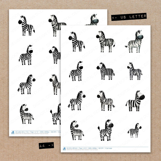 A4 and US Letter format comparison showing Simple Minimal Zebra Illustration fussy cut pages for print and cut crafting