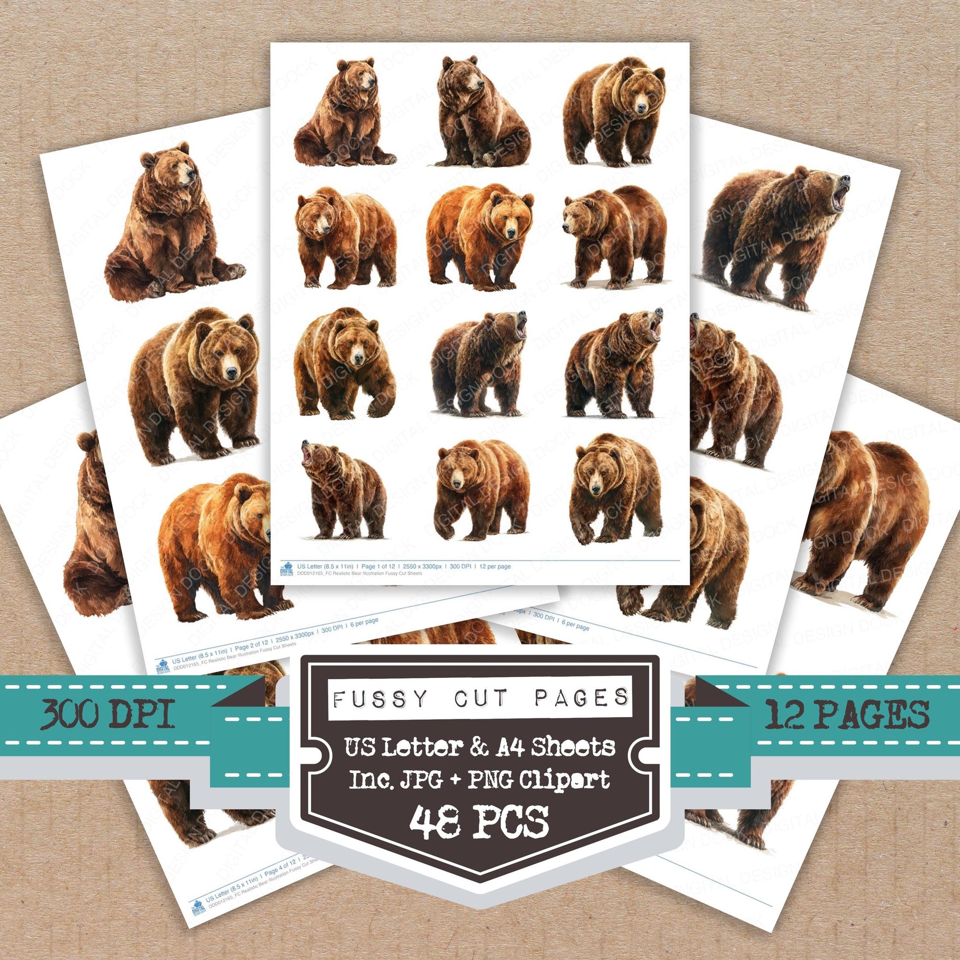 Realistic Bear Illustration fussy cut printable sheets for junk journaling, scrapbooking, and paper craft projects