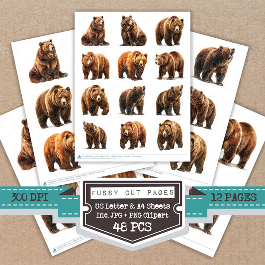 Realistic Bear Illustration fussy cut printable sheets for junk journaling, scrapbooking, and paper craft projects