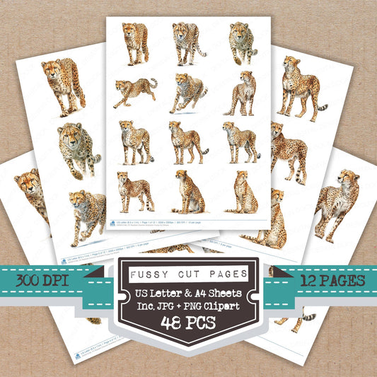 Realistic Cheetah Illustration fussy cut printable sheets for junk journaling, scrapbooking, and paper craft projects