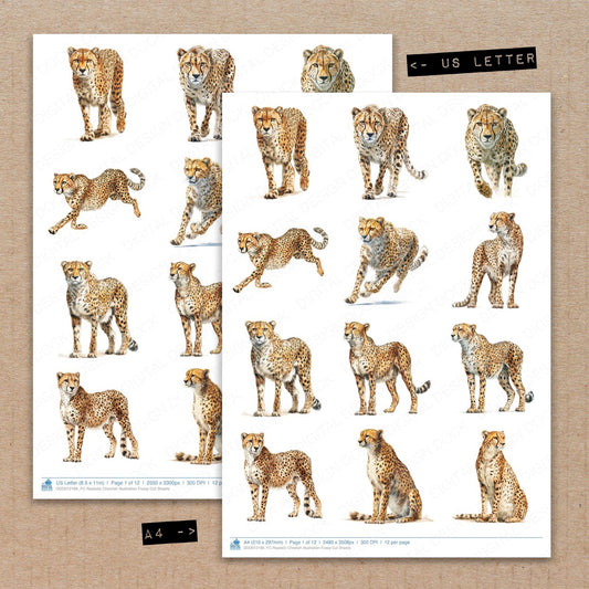 A4 and US Letter format comparison showing Realistic Cheetah Illustration fussy cut pages for print and cut crafting