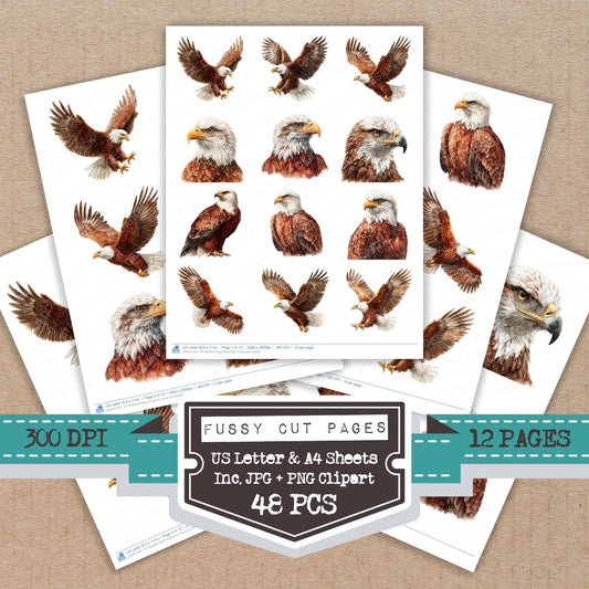 Realistic Eagle Illustration fussy cut printable sheets for junk journaling, scrapbooking, and paper craft projects