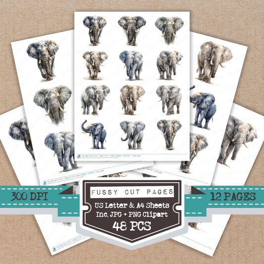Realistic Elephant Illustration fussy cut printable sheets for junk journaling, scrapbooking, and paper craft projects
