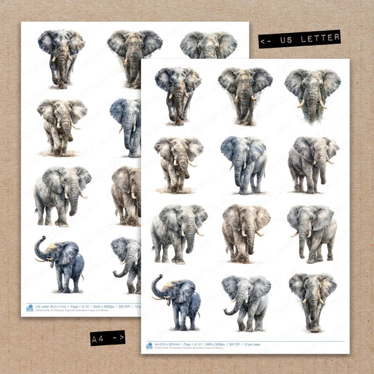 A4 and US Letter format comparison showing Realistic Elephant Illustration fussy cut pages for print and cut crafting