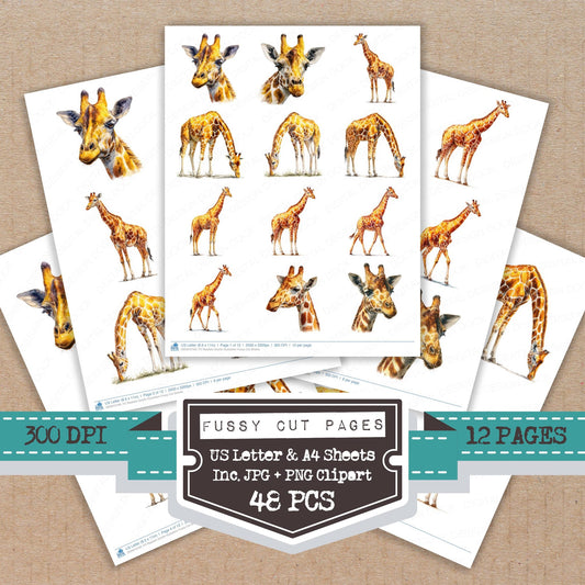 Realistic Giraffe Illustration fussy cut printable sheets for junk journaling, scrapbooking, and paper craft projects