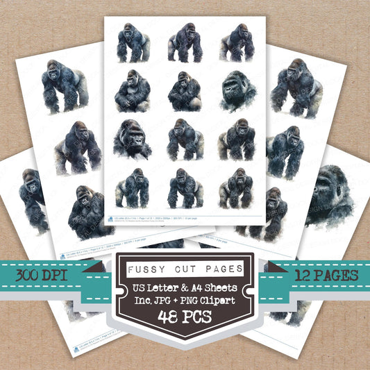 Realistic Gorilla Illustration fussy cut printable sheets for junk journaling, scrapbooking, and paper craft projects
