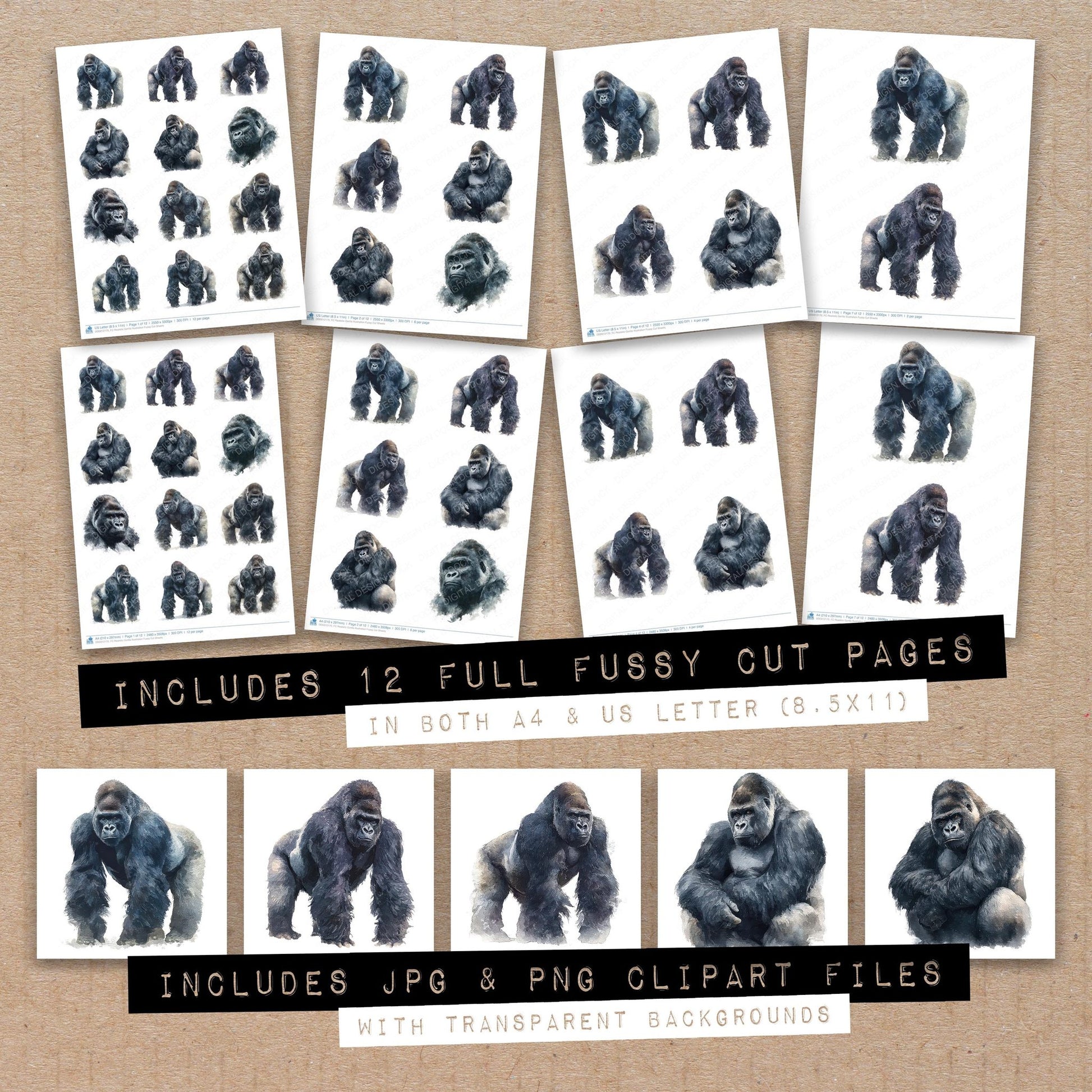 Full collection view of Realistic Gorilla Illustration fussy cut sheets with bonus clipart JPG and PNG files