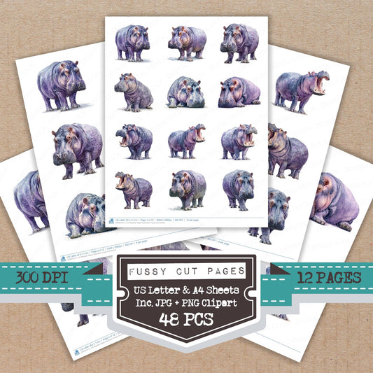 Realistic Hippo Illustration fussy cut printable sheets for junk journaling, scrapbooking, and paper craft projects