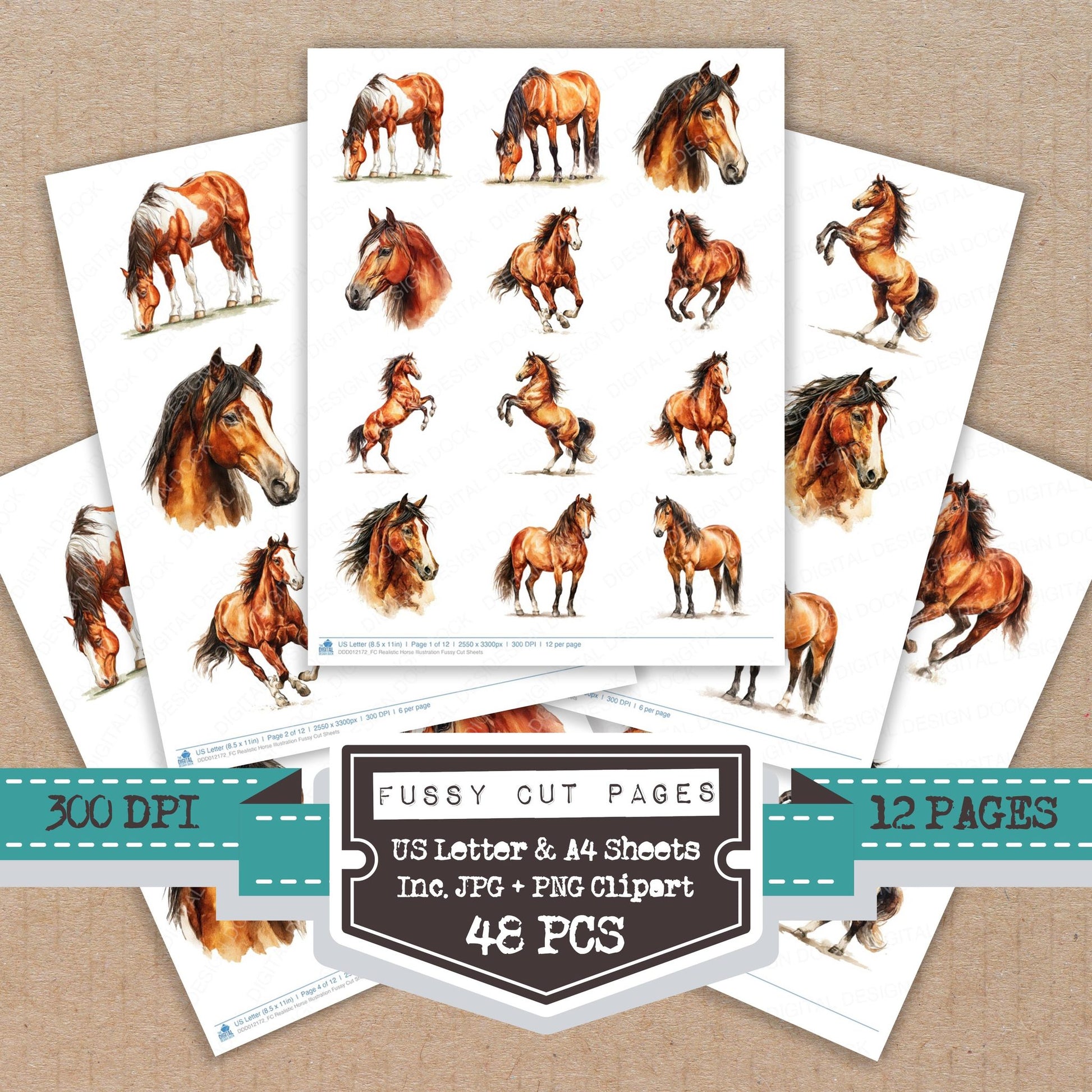 Realistic Horse Illustration fussy cut printable sheets for junk journaling, scrapbooking, and paper craft projects