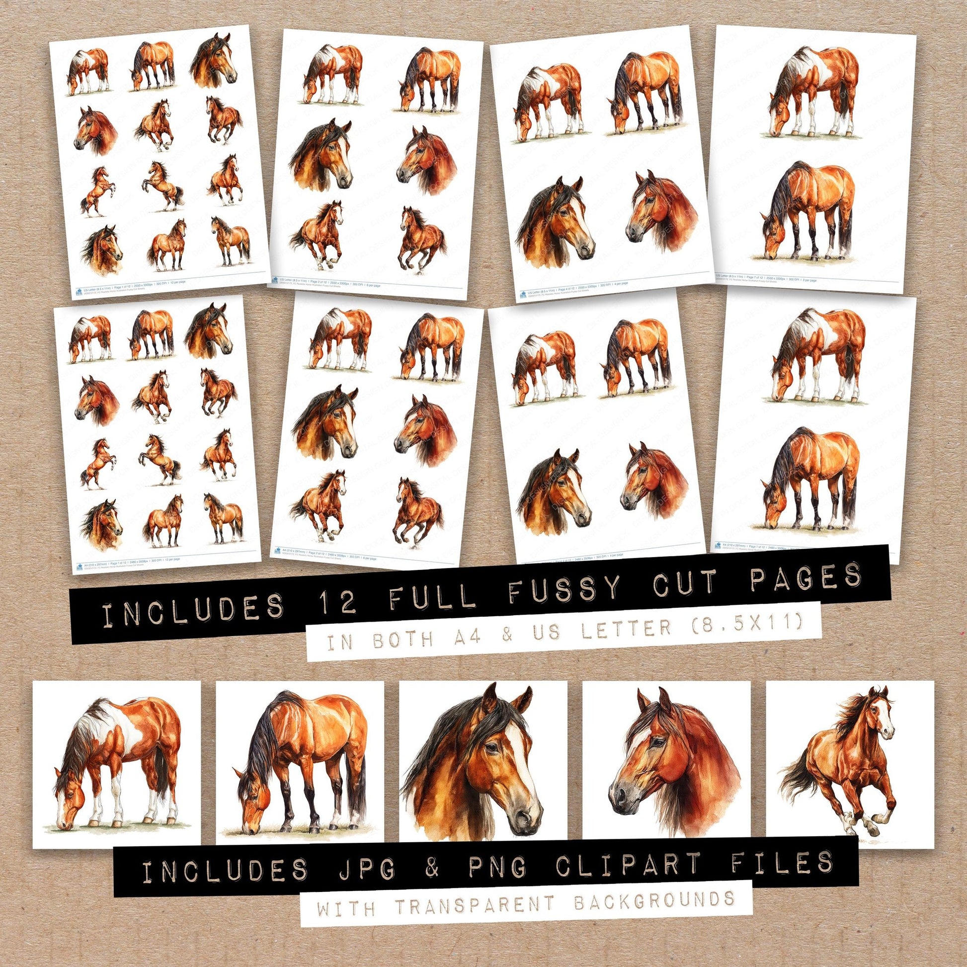 Full collection view of Realistic Horse Illustration fussy cut sheets with bonus clipart JPG and PNG files