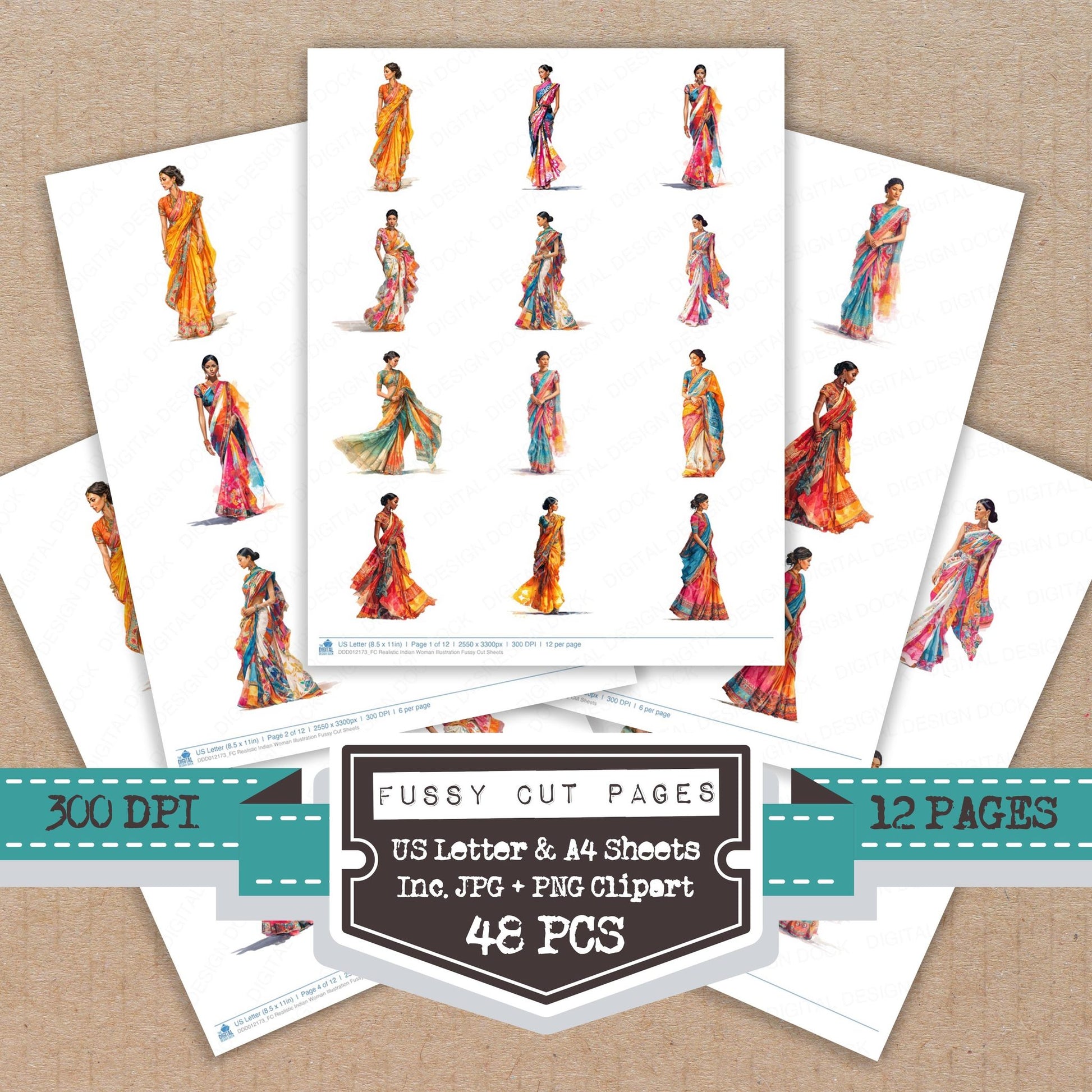 Realistic Indian Woman Illustration fussy cut printable sheets for junk journaling, scrapbooking, and paper craft projects